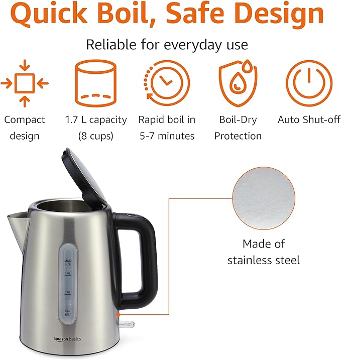 Amazon Basics Electric Stainless Steel Kettle for Tea and Coffee, BPA-Free, Fast Boiling, Auto Shut-Off, Boil-Dry Protection, 1.7 Liter, 1500W, Black and Silver