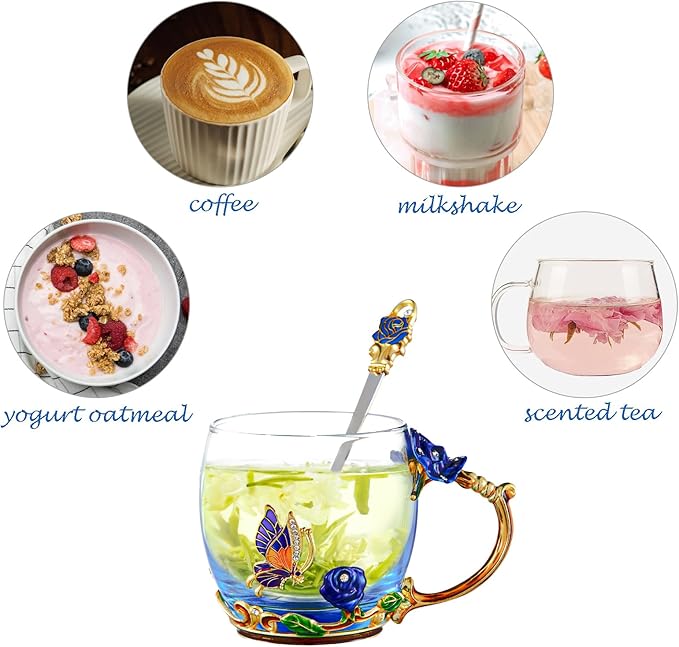 Flower Tea Cup,Butterfly Rose Clear Glass Fancy Coffee Mug with Spoon,Gift Box for Her Mom Wife Grandma Girls Women Christmas Birthday Present Idea for Juice,Hot And Cold Drinks Use