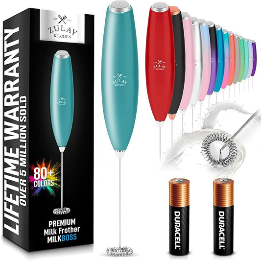 Zulay Kitchen Milk Frother Handheld Electric Whisk with AA Duracell Batteries – Durable Drink Mixer for Coffee, Lattes, Cappuccinos & More - Aqua