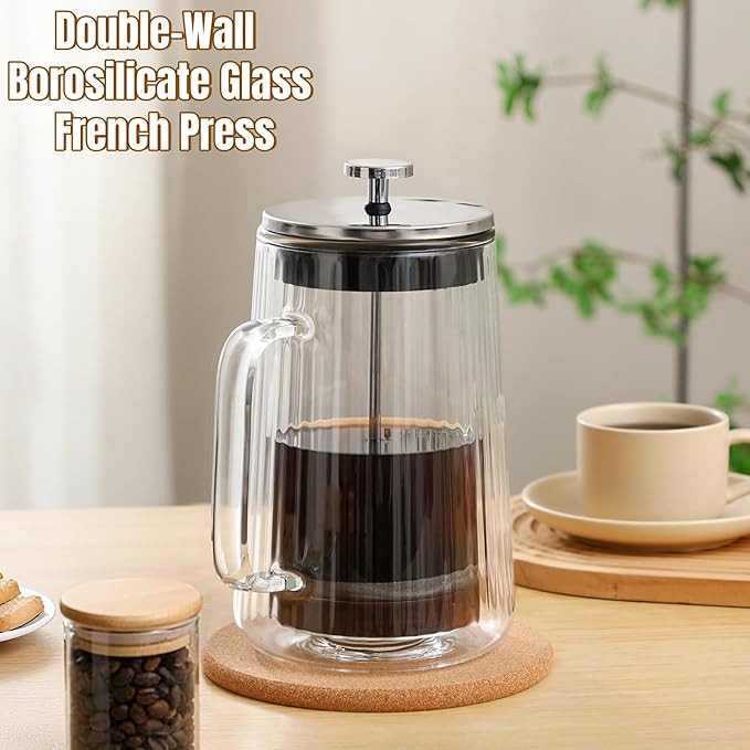 Glass French Press Coffee Maker 34oz, Double Wall Heat-Resistant Borosilicate Glass Coffee Press with Stainless Steel 4-Level Filtration, Also Fit for Tea