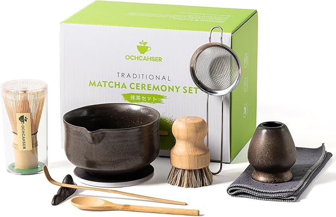 Matcha Whisk Set, Matcha Bowl with Spout and Coaster, Matcha Whisk and Holder, Sifter, Scoop, Spoon, Cleaning Brush - 10 Pcs Complete Ceramic Matcha Kit
