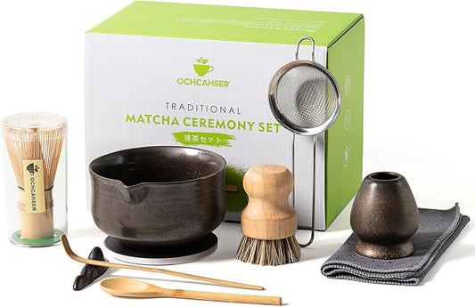 Matcha Whisk Set, Matcha Bowl with Spout and Coaster, Matcha Whisk and Holder, Sifter, Scoop, Spoon, Cleaning Brush - 10 Pcs Complete Ceramic Matcha Kit