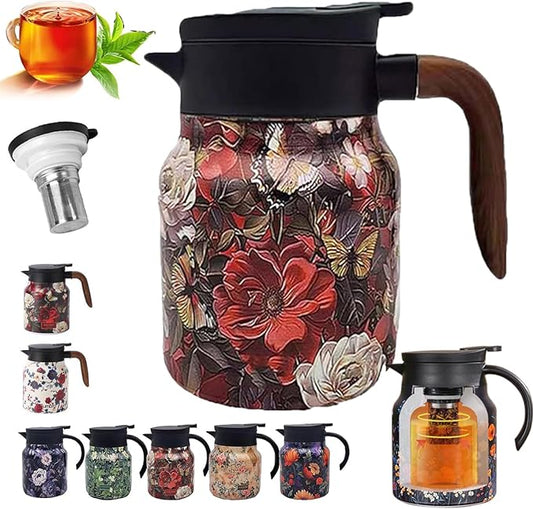 Insulated Tea Pots,Vintage Floral Pattern Tea Pot-Built-in Infuser,Colorful Vintage Floral Pattern Teas,Stainless Steel Teapot 1000mL with Lid for Hot Drinks,Brown(Wooden Handle,35OZ)