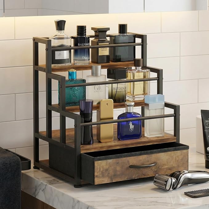 3-Tier Cologne Stand with Fabric Drawer, Cologne Organizer for Men, Spacious Wine Rack,Coffee Syrup Stand for Kitchen, Bathroom & Bar Counter Décor - Image 2
