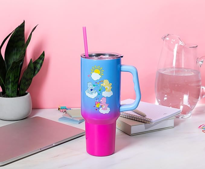 Silver Buffalo Care Bears Featuring Grumpy Bear, Funshine, and Love-A-Lot Bear Heart Showers Ombre Double Walled Stainless Steel Tumbler with Handle and Straw, Fits in Standard Cup Holder, 40 Ounces