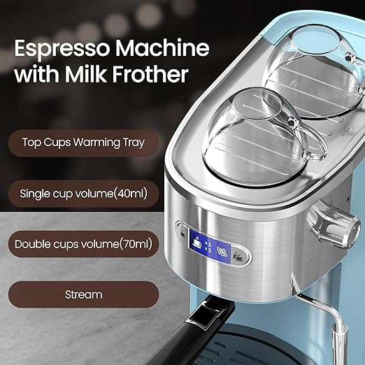 20 Bar Espresso Machine, Professional Stainless Steel Coffee Maker with LCD Display, 45oz Removable Water Tank, Home & Office Espresso Maker for Cappuccino Latte Macchiato, Blue