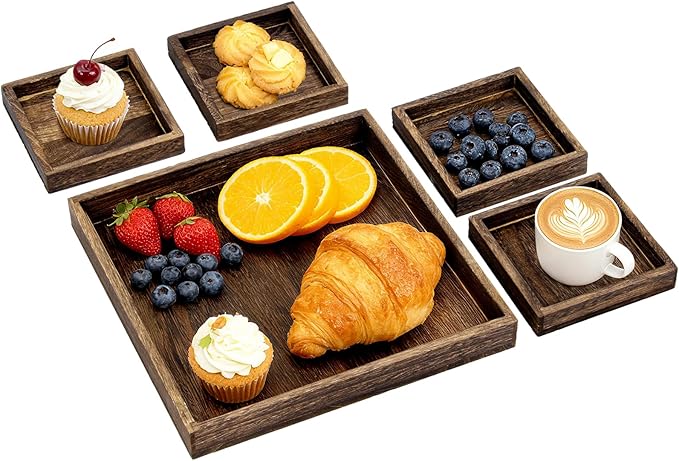 5-Piece Rustic Wooden Serving Tray Set, Handcrafted Nesting Trays with Handles for Ottoman & Coffee Table Decor, Lightweight Paulownia Wood Food Trays for Kitchen, Outdoor Picnic & Parties