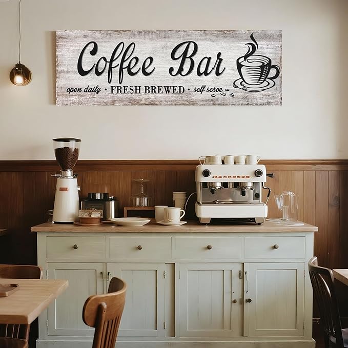 Rustic Wood Grain Coffee Station Decor - Retro Coffee Bar Signs for Kitchen - Self Serve Fresh Brewed Open Daily, Large Farmhouse Wall Hanging Plaque 12"x36"