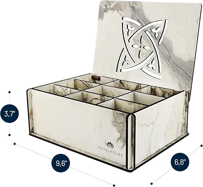 RoyalHouse Premium Wood (Hard MDF) Tea Storage Box Organizer (Marble), Eco-Friendly Multi-Functional Decorative Box, 9 Compartments For Assorted Variety Of Tea Bags and Small Items