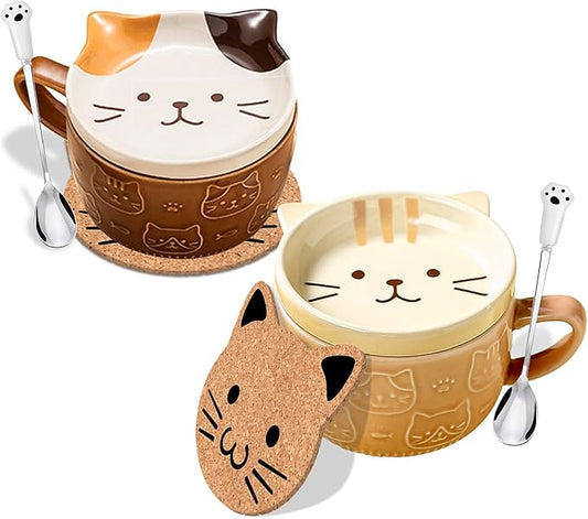 BigNoseDeer 2PCS Cute Mug Kawaii Cat Tea Cup Ceramic Coffee Mug with Lid,Tea Cups and Saucers for Dessert Cute Gifts Cat Lover Gift for Women Anime Christmas Gifts for Women 10oz (Yellow+Brown)