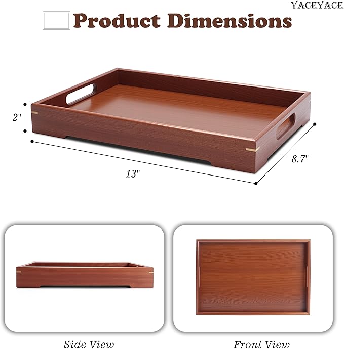 Serving Tray Wood, 13"x8.7"x1.5" Small Wood Serving Tray for Coffee Table, Ottoman, Party, Dining, Home Decor, Breakfast, Bar, Bathroom