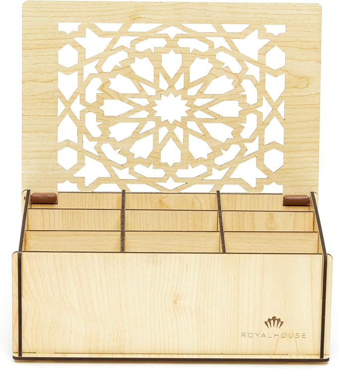 RoyalHouse Premium Wood (Hard MDF) Tea Storage Box Organizer (White), Eco-Friendly Multi-Functional Decorative Box, 9 Compartments For Assorted Variety Of Tea Bags and Small Items