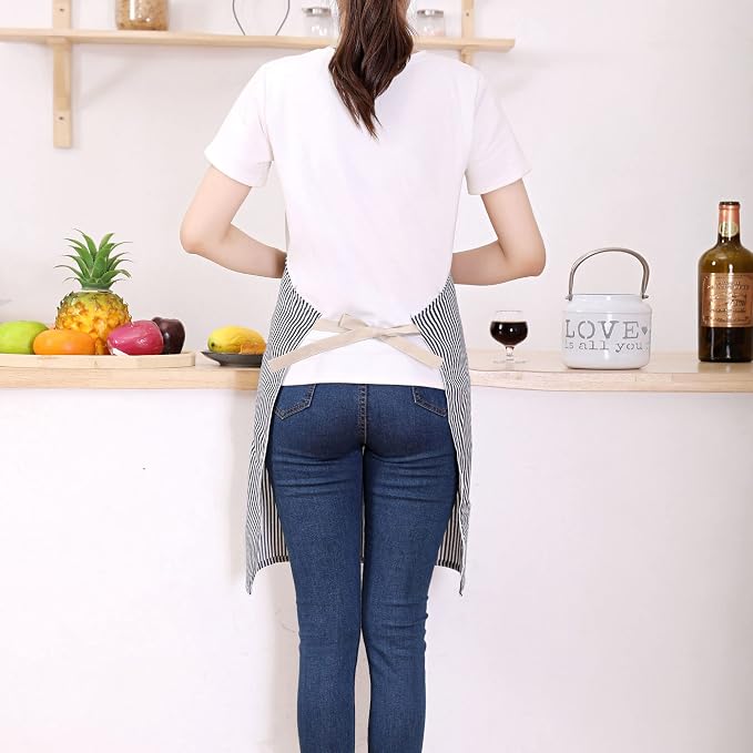 Tosewever 2 Pieces Kitchen Cooking Aprons, Cotton Polyester Blend Adjustable Bib Aprons with 2 Pockets for Women Men Chef Chef (Navy/Black Stripes, 2) - Image 5