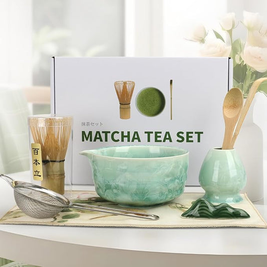 Matcha Whisk Set, Ceramics Macha Kit Includes Bowl with Spout, Matcha Whisk and Holder, Bamboo Scoop, Scoop Rest, Sifter and Tea Towel - 7 Pcs Tea Powder Shaker Kit