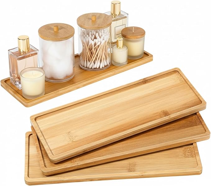 Chengu 3 Pcs Bamboo Vanity Trays for Bathroom Small Wooden Serving Tray for Bathroom Counter Food Appetizer Tea Dessert Kitchen Candle Tissue Toilet Tank Home Decor, 11 x 4 Inch(Rectangle Style)