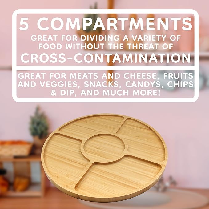 BambooMN Natural 15" Bamboo Round 5 Compartment Serving Tray/Platter, Charcuterie Board, Perfect for Snacks, Party Platter, Appetizers - 3 Trays