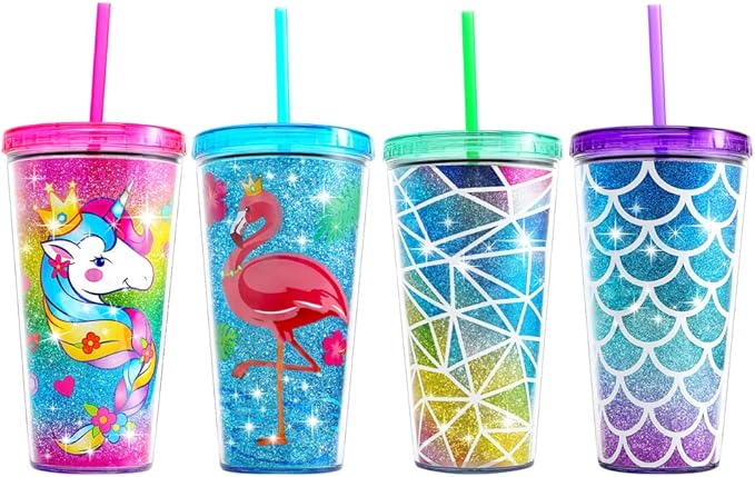Home Tune Cute Glitter Tumbler Cups with Lid and Straw, Double Wall Insulated Acrylic Cup, 22 oz / 650ml (Colorful)