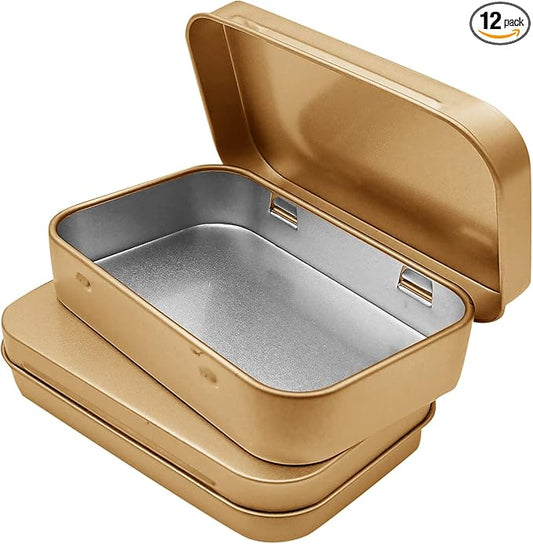12 Pcs Metal Hinged Tin Box Container Mini Portable Small Storage Container Kit with Lid for Home Storage 3.7 x 2.3 x 0.8 Inch, Gold