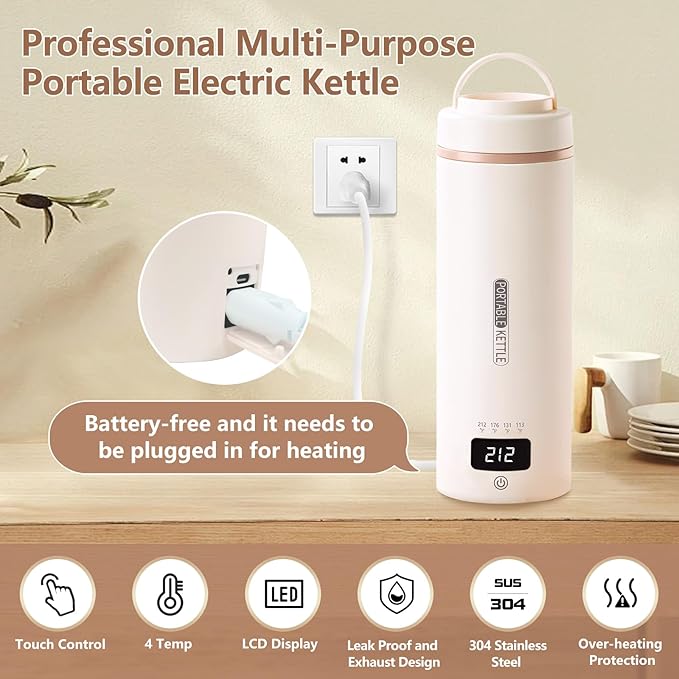 Travel Kettle, Portable Electric Kettle with 4 Temperature Controls, 304 Stainless Steel with Auto Shut-off & Leak Proof, Beige (120V)