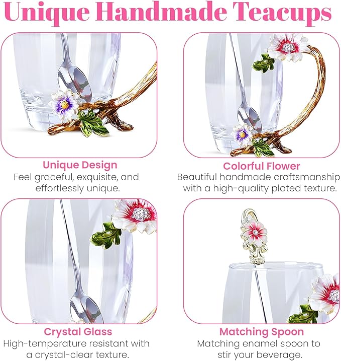 The Pure Embrace Flower Glass Tea/Coffee Cup, Gift for Mom, Birthday Gift for Women, Lead-Free Enamel Glass with Spoon (Large)