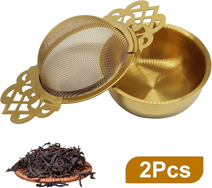 2 Pcs Tea Strainer Bowl, Stainless Steel Loose Leaf Tea Filter for Easy Brewing and Cleaning, Design Fits Most Standard Cups (Gold)