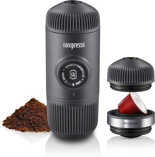 WACACO Nanopresso Portable Espresso Maker Bundled with NS Adapter, Compatible with NS Capsules and Ground Coffee, Compact Size 2.44"x2.8"x6.65", Manually Travel Coffee Machine Set, Perfect for Camping