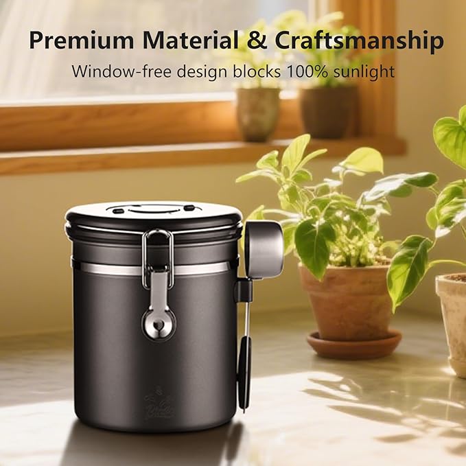 Bincoo Coffee Canister, Small Stainless Steel Coffee Bean Storage Container with Date Tracker, Airtight Coffee Canister with CO2 Valve & Free Scoop (800ML-Grey)