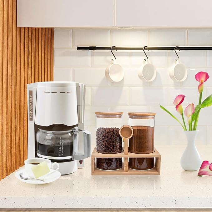 ANPHSIN 2Pcs 49oz Large Capacity Glass Coffee Containers - BPA Free Storage Jars with Hollow Shelf Lids and Spoon for Coffee Bean Bar Station Kitchen Gift