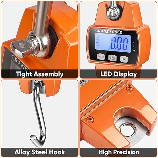 RoMech 660lb Digital Hanging Scale with Cast Aluminum Case, Handheld 300Kg Mini Crane Scale with Hooks for Farm Hunting Fishing Outdoor (Orange) (Pack of 2)