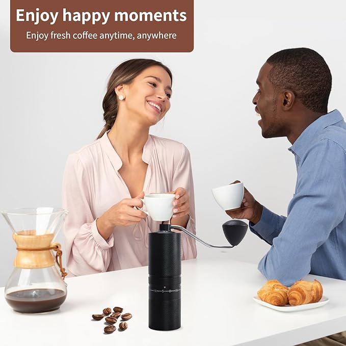 Manual Coffee Grinder with Adjustable Grind Settings, Brush, and Stainless Steel Portafilter (Black)