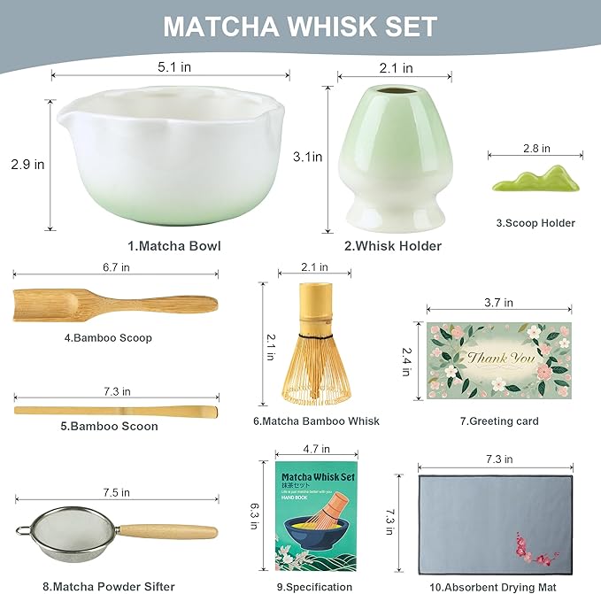 8Pcs Matcha Whisk Set with Floral Ceramic Matcha Bowl, Wooden-Handled Sifter, Bamboo Whisk, Whisk Holder, Bamboo Scoop, Scoop Rest, Spoon, Tea Towel, Greeting card, Gift for Beginners