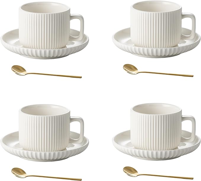 5 Ounce Espresso Cups Set of 4, Small Coffee Cups with Saucers and Spoons, White Cream Ceramic Demitasse Espresso Mugs