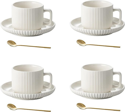 5 Ounce Espresso Cups Set of 4, Small Coffee Cups with Saucers and Spoons, White Cream Ceramic Demitasse Espresso Mugs