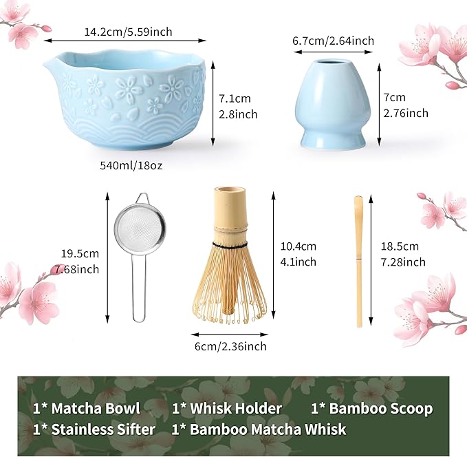 Matcha Whisk Set, 5 Pcs Ceramic Matcha Set, Matcha Kit Set Includes Matcha Bowl, Matcha Whisk and Holder, Bamboo Scoop and Sifter, Matcha Tea Set, Ideal Gift for Family/Friend (Blue)