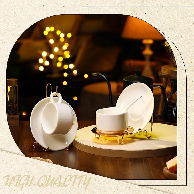 4 Pcs Tea Cup Display Stand Gold Metal Saucer Racks Tea Cup Holder China Display Stand Picture Frames Book Card Mug Organizer Bowl Decorative for Kitchen Table Plate Art