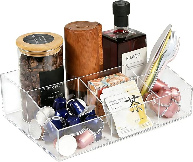 Acrylic Coffee Bar Station Organizer for Countertop Office Breakroom, Clear Tea Snack Storage Coffee Capsule Pod Holder for Kcup Condiment Sugar Creamer Syrup, Easter Gift for Coffee Lovers by SIKKINGK
