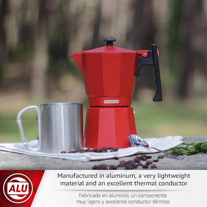 Magefesa Colombia Red Stovetop Espresso Moka Pot, 6-Cup/10 oz, Italian Coffee Maker for Cuban Coffee, Extra-Thick Aluminum, Heat-Resistant Handle, Safe & Easy-to-Use, Greca Coffee Maker