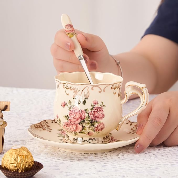 YOLIFE 8 OZ Tea Cups and Saucers Set of 6, Ivory Porcelain Tea Cups Set with Stand, Rose with Gold Leaves Trim Design, Gift for Women (Includes Gift Box, Tote Bag, Greeting Card)