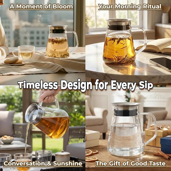 Aquach 51oz Glass Teapot with Smart Filter Lid, Stovetop Safe Borosilicate Glass Tea Kettle with Built-in Stainless Steel Infuser, Dishwasher Safe Hot & Iced Tea Maker, Plastic-Free