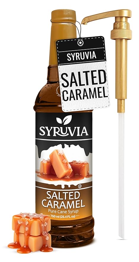 Syruvia Coffee Syrup, Salted Caramel Flavored Syrup for Drinks, Lattes, and Desserts – 25.4 fl oz, With Pump
