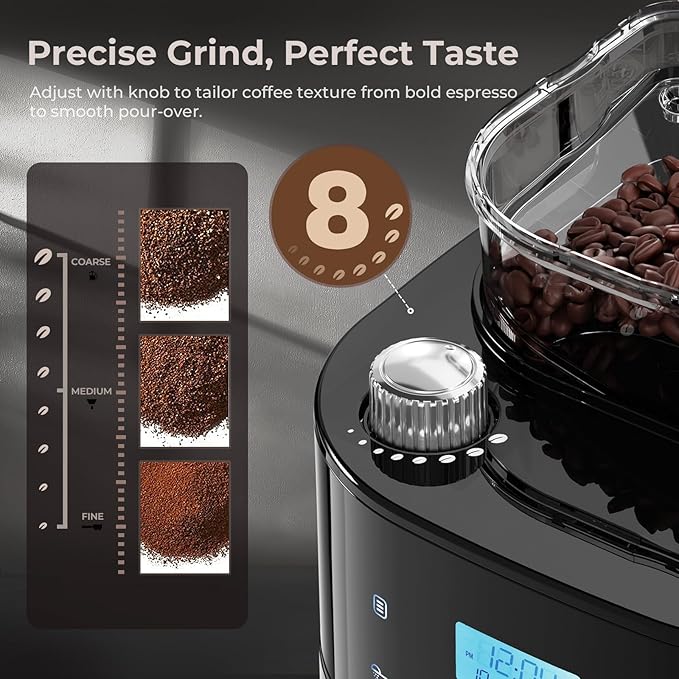 Drip Coffee Maker with Grinder Built In, 10-Cup Grind and Brew Coffee Machine Fully Automatic, Programmable with Brew Strength, Permanent Filter, Glass Carafe, 50oz Water Tank, Ideal for Home/Office
