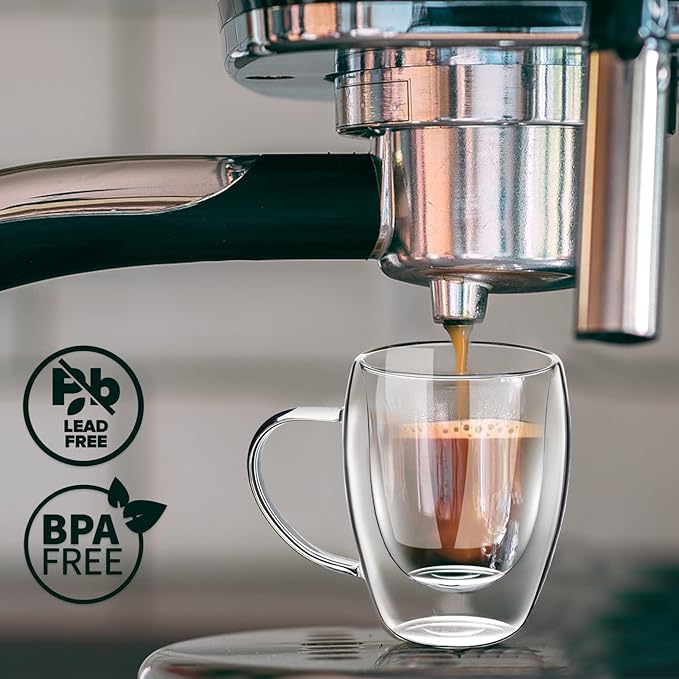 PARACITY Glass Coffee Mugs Set of 2 with Bamboo Lid/Spoon, Double Wall Insulated Clear Tea Cups 12 OZ with Hand for Cappuccino/Latte/Coffee, Borosilicate Glassware for Kitchen/Travel
