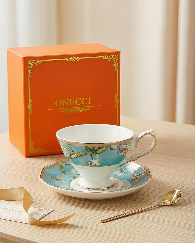 Exquisite Bone China Tea Cups and Saucer Set – Elegant Porcelain Tea Cups, Beautifully Detailed for Tea Lovers, Gift-Ready for Christmas, Hostess, Holiday Gift & Fall Decor