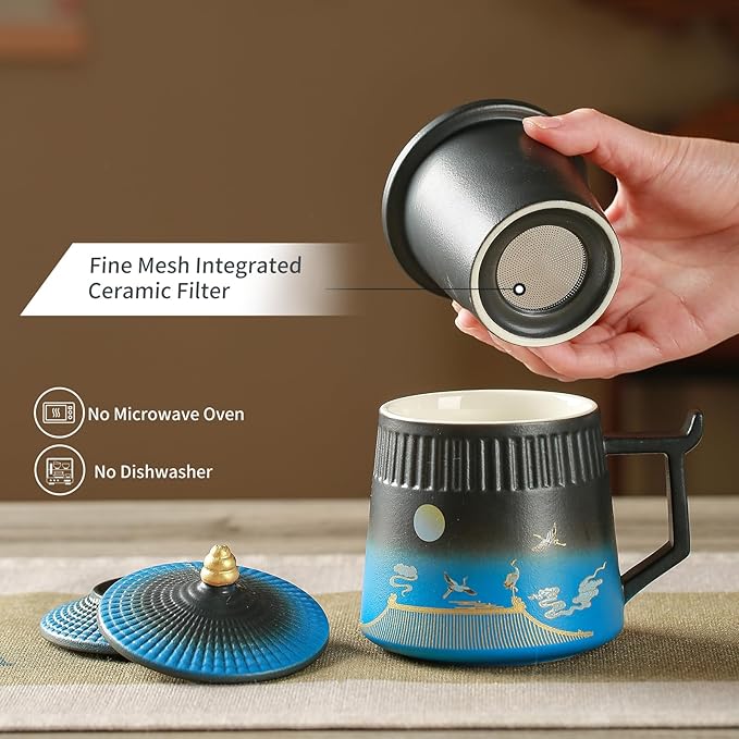 Tea Cup with Infuser and Lid,Loose Leaf Tea Steeper Cup 14.8oz Ceramic tea Infuser Mug Travel Large Steeping Cup Diffusers Mugs with Fine Strainer and Handle (Black&Blue)