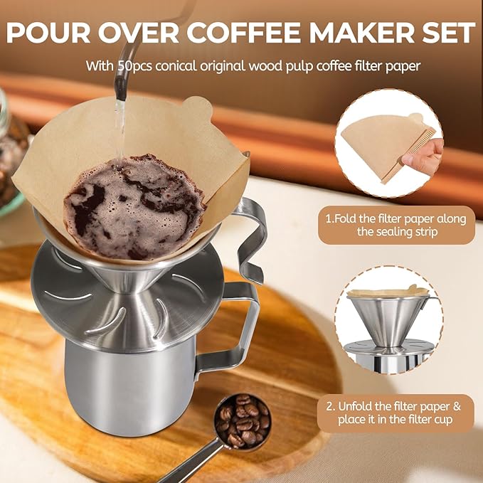 Pour Over Coffee Maker 600ml Milk Frothing Pitcher 304 Thickened Stainless Steel Drip Coffeemaker Set with 50pcs V60 Cone Paper Filters Hand Brew Dripper Carafe for Home Camping Travel 20oz