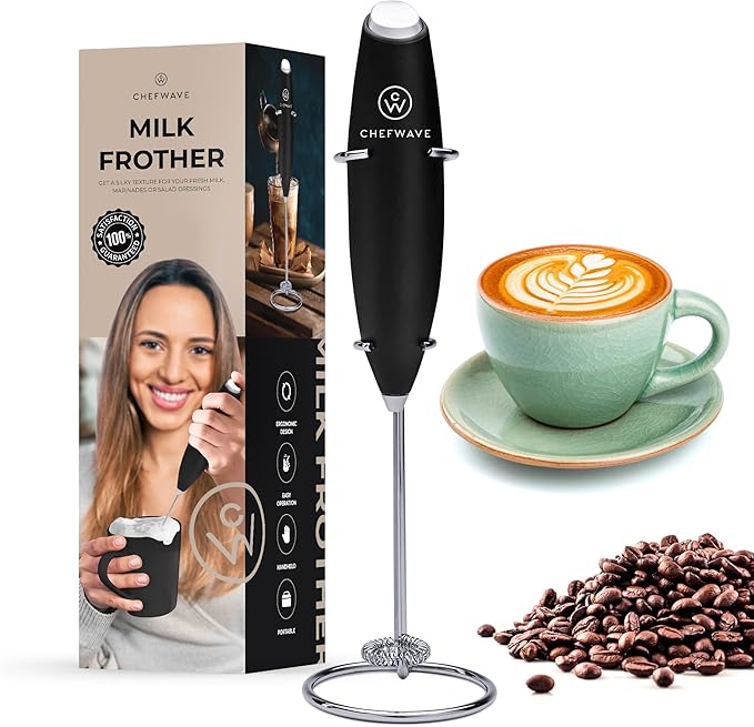 Chefwave | Powerful electric milk frother with stand | Milk frother handheld drink mixer and matcha whisk| BATTERIES INCLUDED! drink mixer handheld | Hand frother, electric stirrer coffee mixer wand