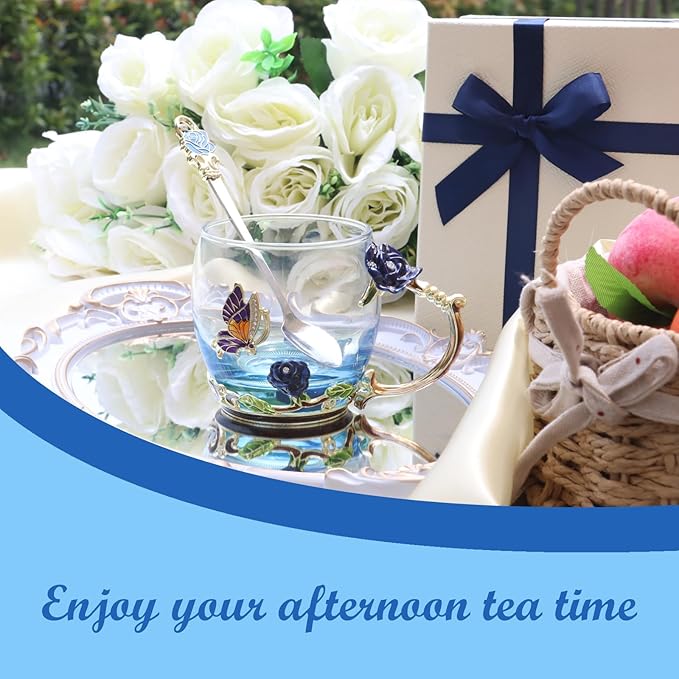 Flower Tea Cup,Butterfly Rose Clear Glass Fancy Coffee Mug with Spoon,Gift Box for Her Mom Wife Grandma Girls Women Christmas Birthday Present Idea for Juice,Hot And Cold Drinks Use