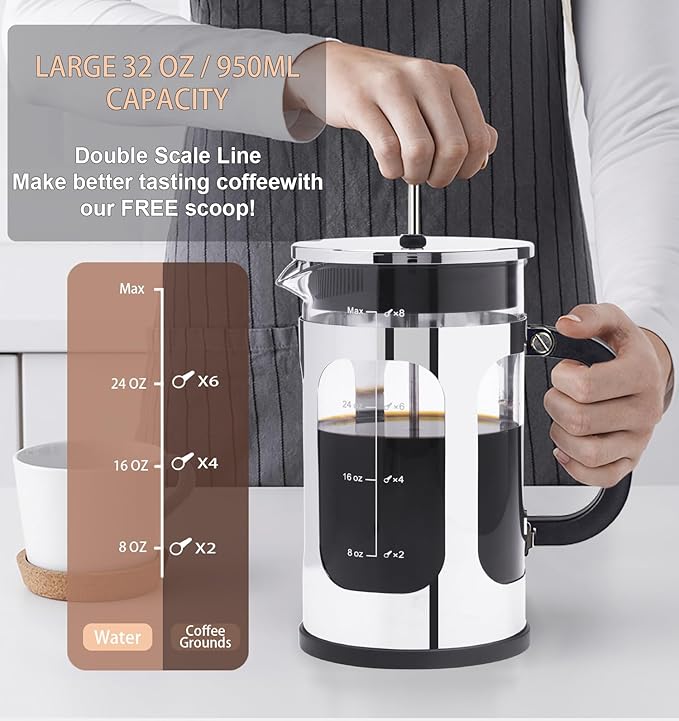 French Press Coffee Maker 8 cups 34 oz 304 Stainless Steel Coffee Press with 4 Filter Screens, Easy Clean Heat Resistant Borosilicate Glass - Free 100% BPA… (Silvery-BO90893-SS, 34 oz)