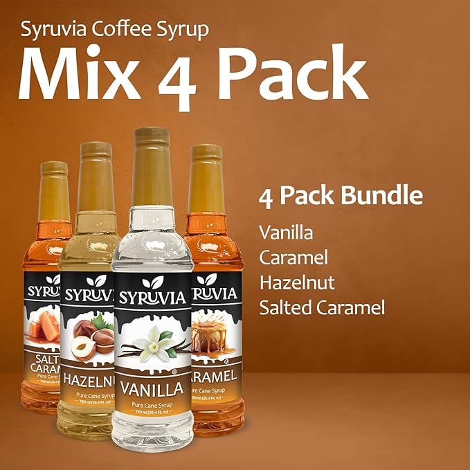 Syruvia Coffee Syrup Variety Pack Vanilla, Caramel, Hazelnut & Salted Caramel Kosher, 25.4 fl oz bottles - Elevate Your Coffee Experience!