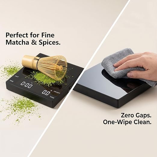 Digital Espresso Coffee Scale with Timer, Rechargeable Flat Glass Mirror Weight Grams Ounces, 0.1g Precision for Barista Pour Over Matcha Baking, Max 2000g Capacity (Black)